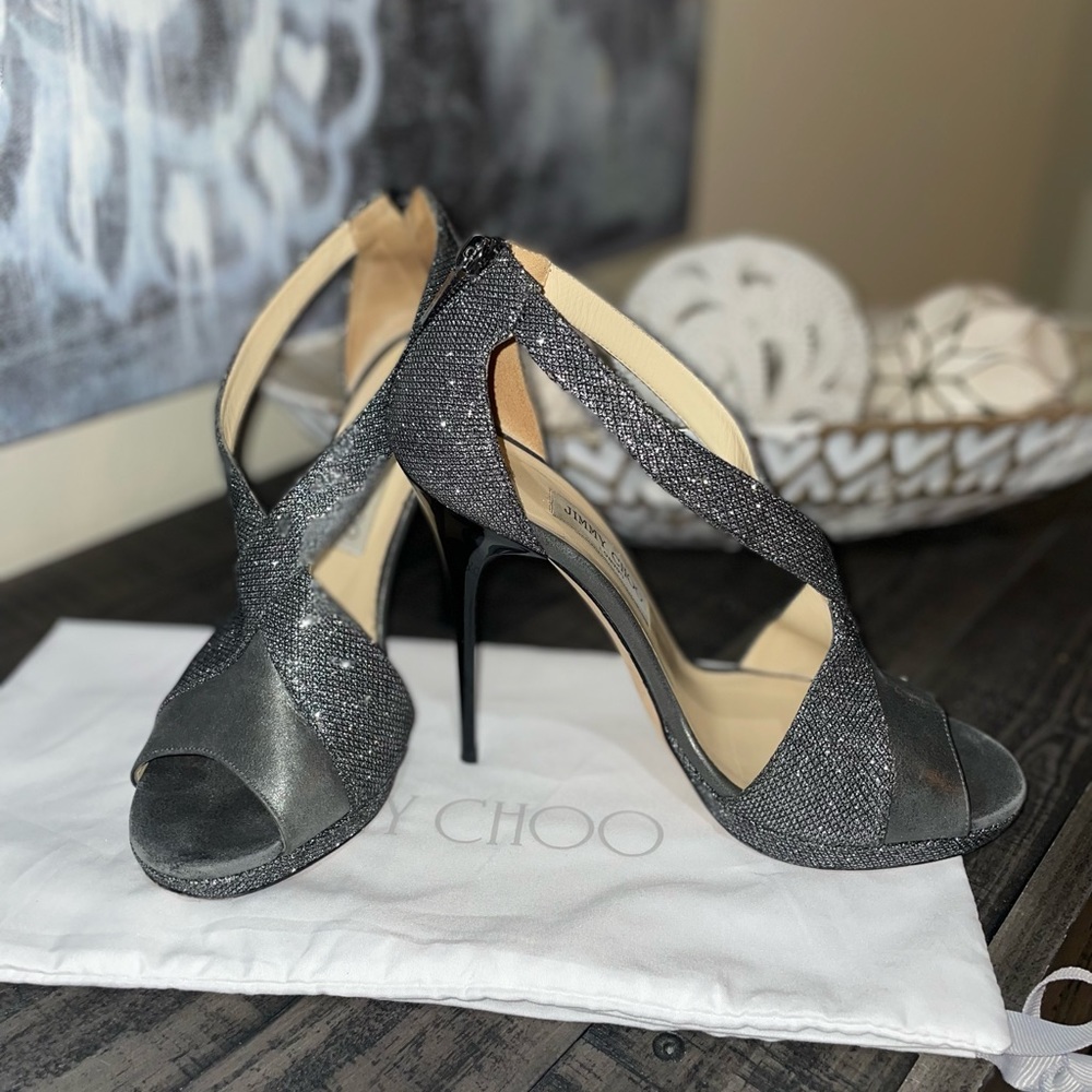 Jimmy Choo Anthracite Glitter & Leather Lame Crisscross Platform Sandals SZ 10 - Picture 5 of 9